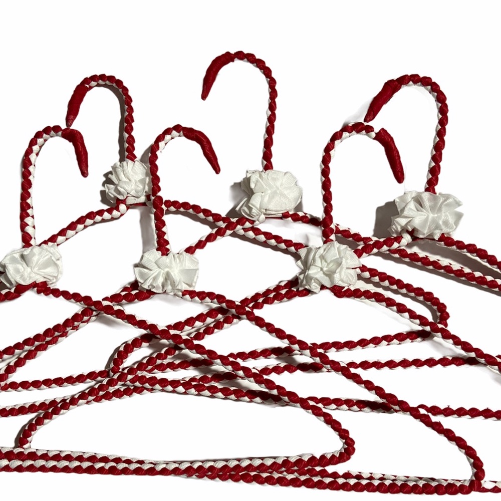 Handmade 6 Pieces Fabric Wrapped Wire Hangers Red White Flower